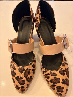Leopard Print Pointed-Toe Mary Jane Block Heels with Nude Strap (W10)